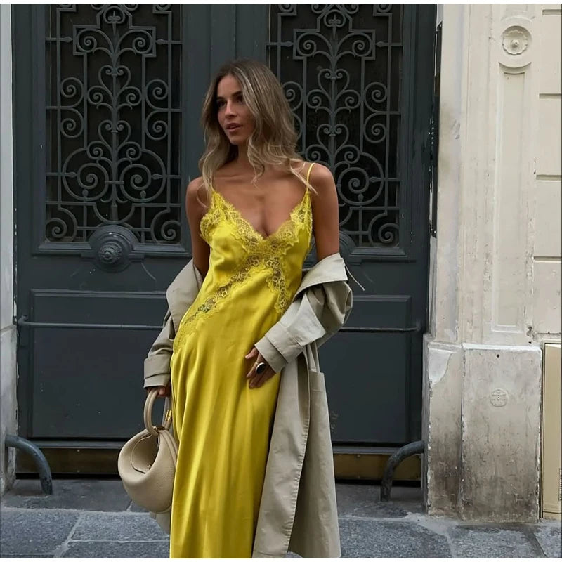Chic Solid Lace Patchwork Satin Dress Fashion Sleeveless Off-shoulder Sling Maxi Dresses Party Daily Outdoor Casual Attire 2026