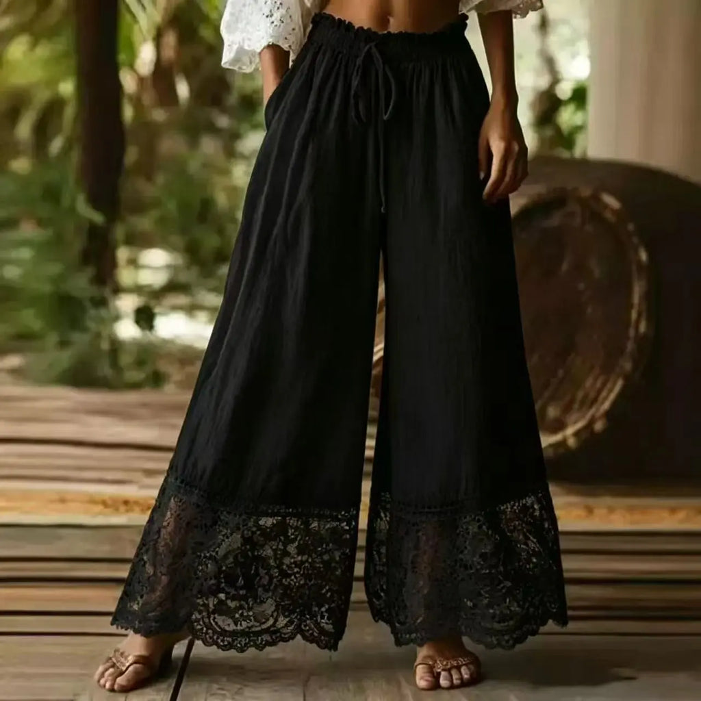 Women's Wide Leg Pants High Waist Drawstring Lace Trim Palazzo Trousers Casual Vintage Loose Elastic Waist Summer Beach Pants