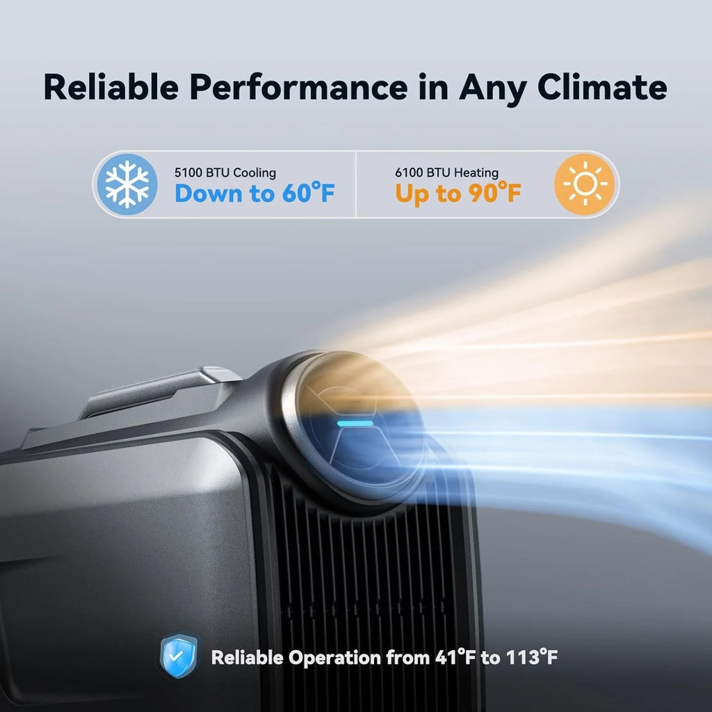 5100 BTU Cooling & 6100 BTU Heating Portable Camping Air Conditioner - 8H Runtime on 1kWh, 4 Modes 3 Speeds