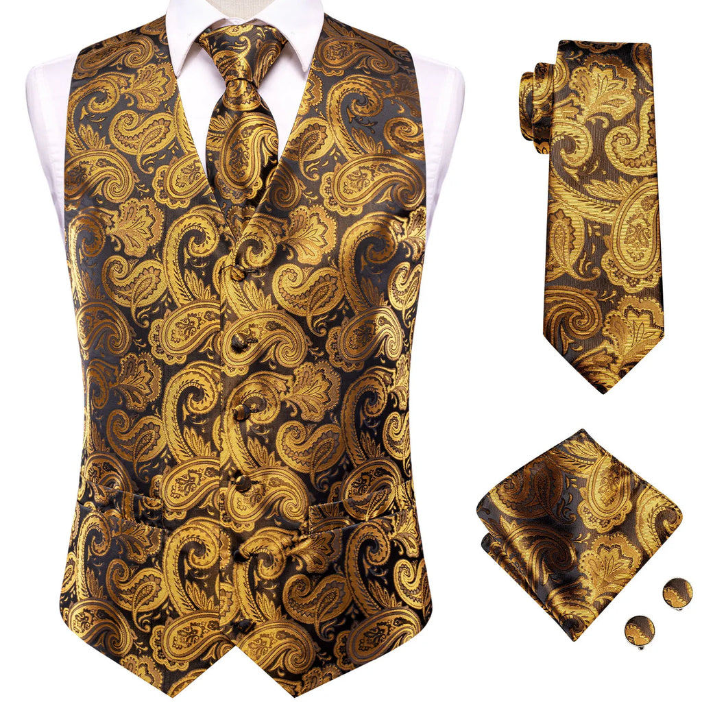 Hi-Tie Silk Mens Waistcoat Tie Set Gold Brown Orange Beige Ivory Khaki Bronze Sleeveless Jacket Suit Vest Necktie Hanky Cufflink
