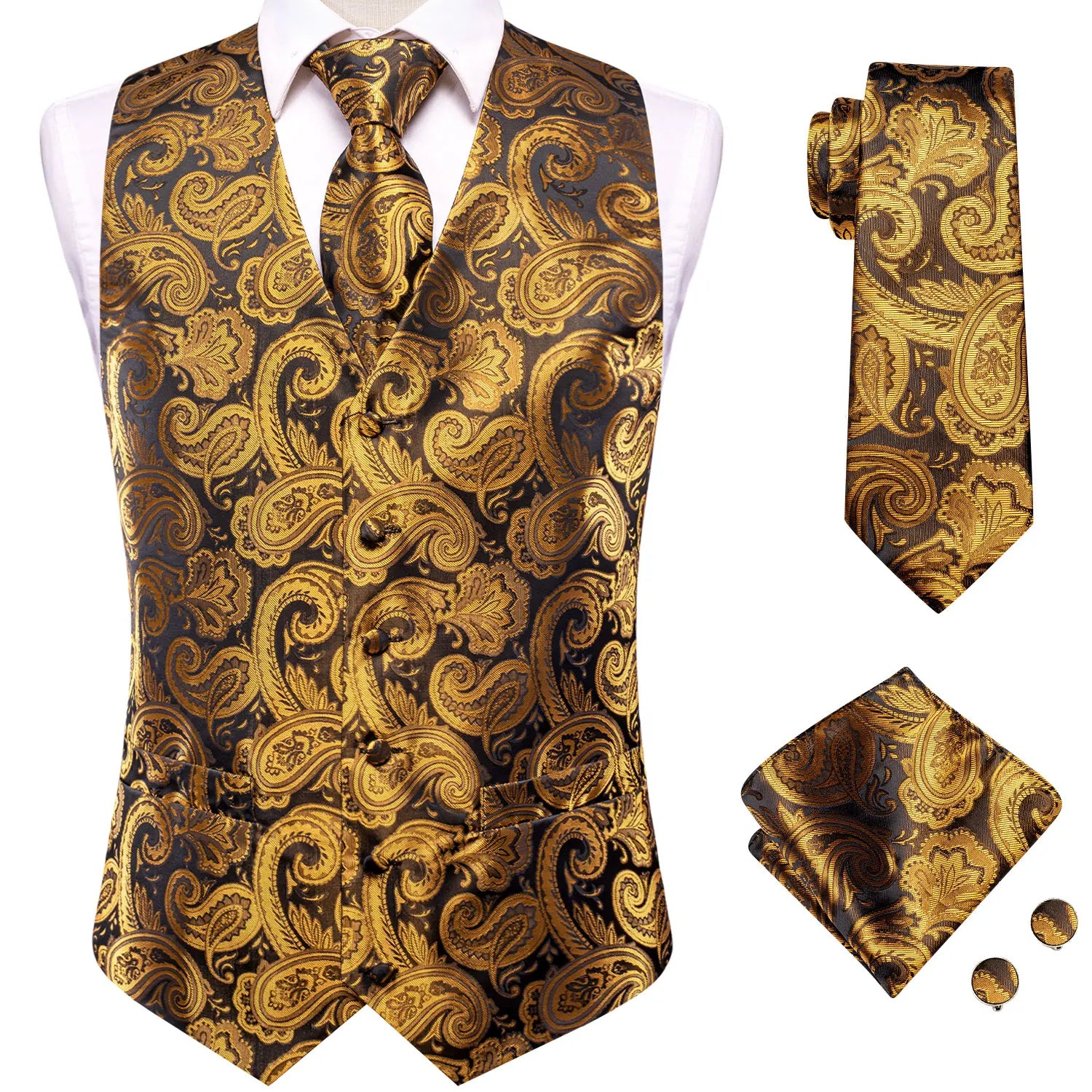 Hi-Tie Silk Mens Waistcoat Tie Set Gold Brown Orange Beige Ivory Khaki Bronze Sleeveless Jacket Suit Vest Necktie Hanky Cufflink
