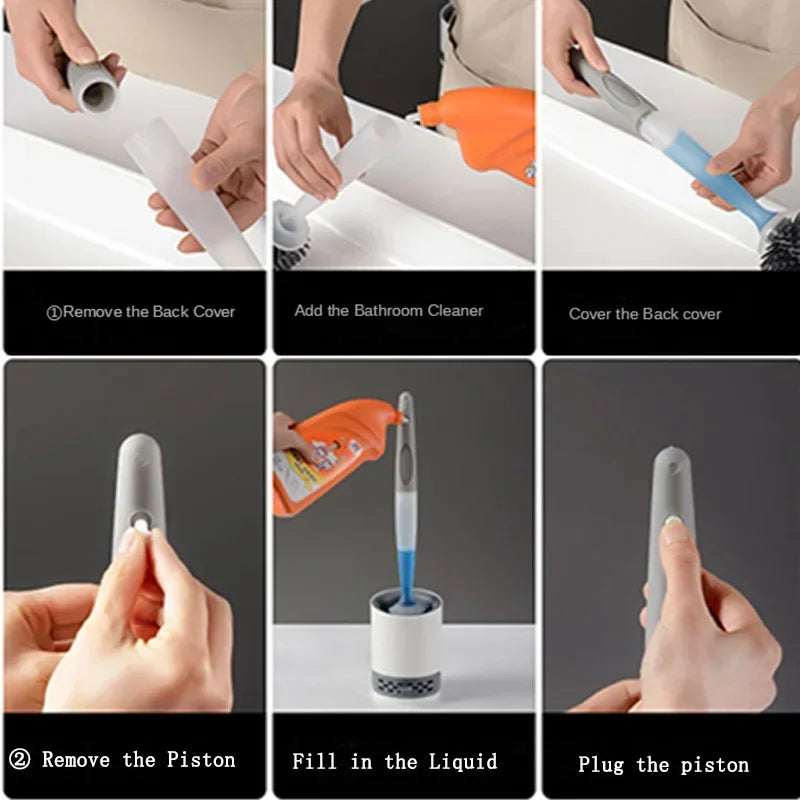 Wall Mounted Detergent Refillable Toilet Brush Set with Silicone TPR Brush Holder for Corner Cleaning Bathroom Tools