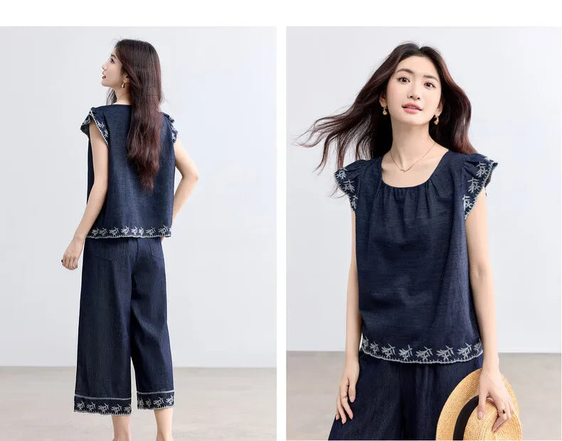 SENTUBILA Summer Demin Pant Sets Woman 2 Piece Outfits 2026 Vintage Flora Embroider Tops Cropped Pant Women's Suit W52ZC2349