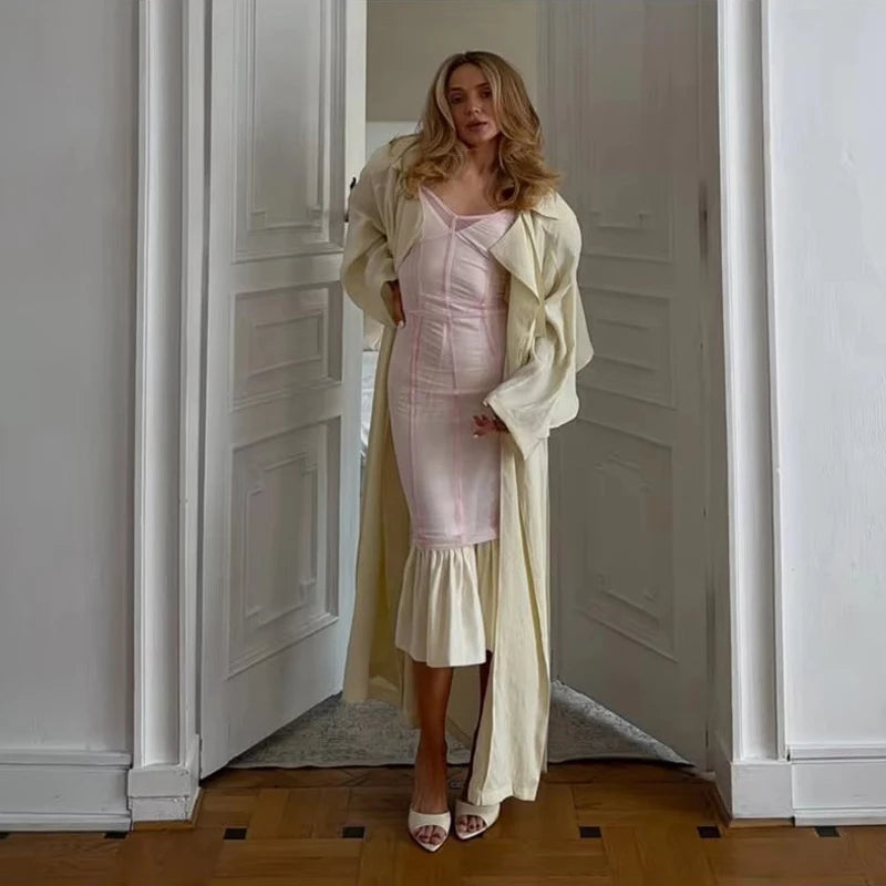 Sexy Nude Fishbone V-neck Dress Women Elegant Sleeveless Pleated Slim Waist-cinching Gown 2026 Summer Party Casual Streetwear