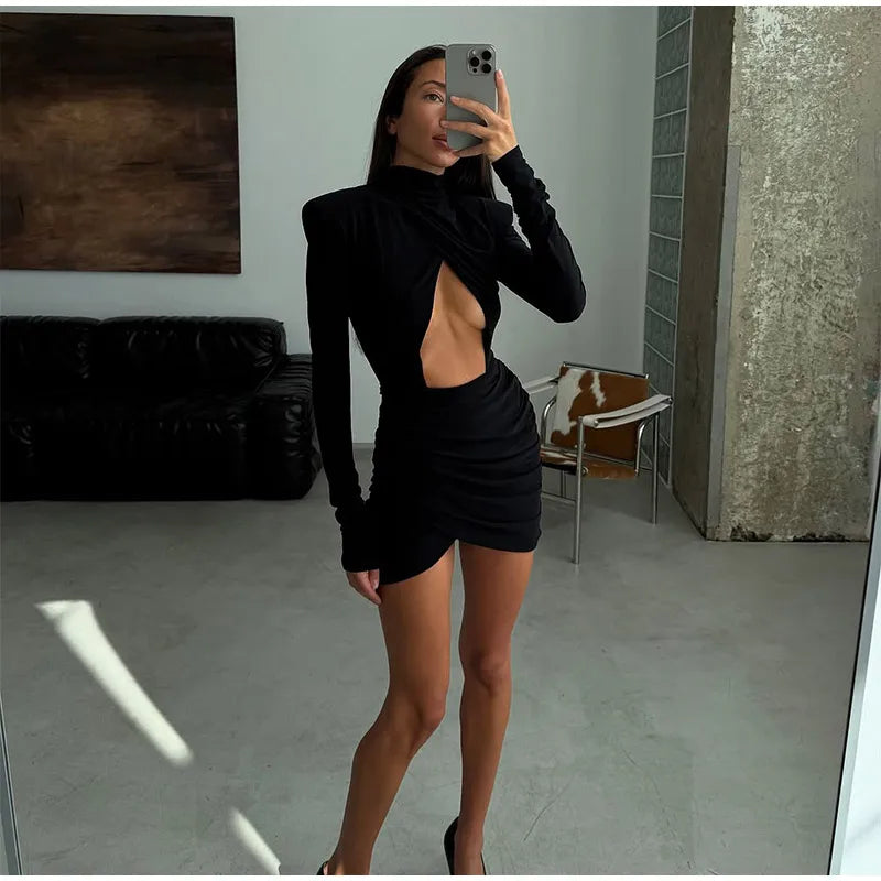 Elegant Hollow Out Mini Dress Women Sexy Long Sleeve Bodycon Waist Cinching Vestidos 2025 Chic Autumn Office Lady Commute Robes