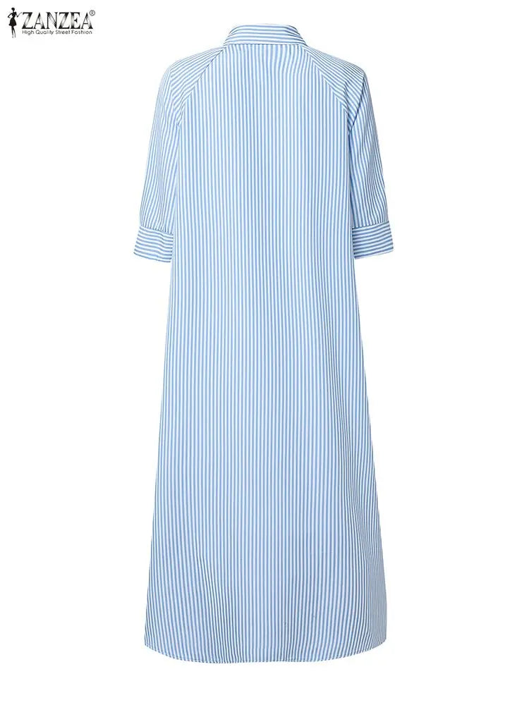 ZANZEA Women Fashion Shirt Dress 2025 Office Striped Dresses Autumn Summer Dress Elegant Lapel Neck Short Sleeve Midi Sundress