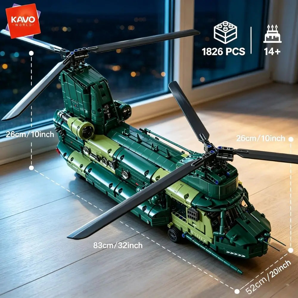 KAVOWORLD 1826pcs 32inch Heavy Transport Helicopter Building Block Model Airplane Toy Set Easy DIY Assembly Aircraft Building Bricks Model Tandem Rotor Construction Kit Display Toy As Halloween Christmas Thanksgiving New Year