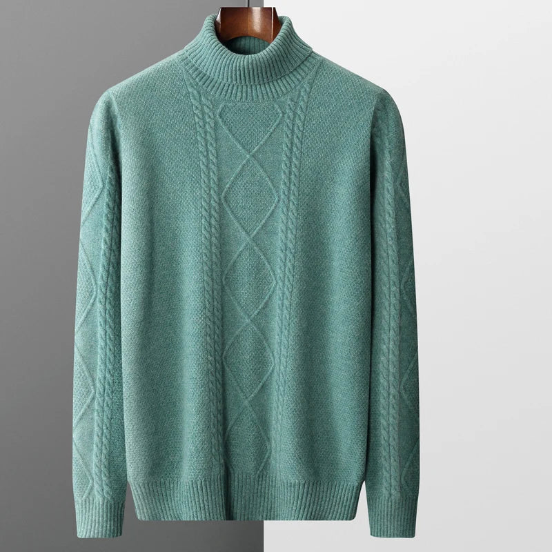 2025 Winter Turtleneck 100% Merino Wool Knitted Sweater Men's Lapel Jacquard Thicken Pullovers Fashion Loose High-End Base Shirt