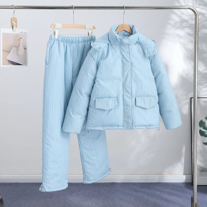 Casual Women's Stripe Set With Hat Full Sleeve Cotton Padded Coat Straight Pants Female Loose Sets 2026 Autumn Winter Lady Suit