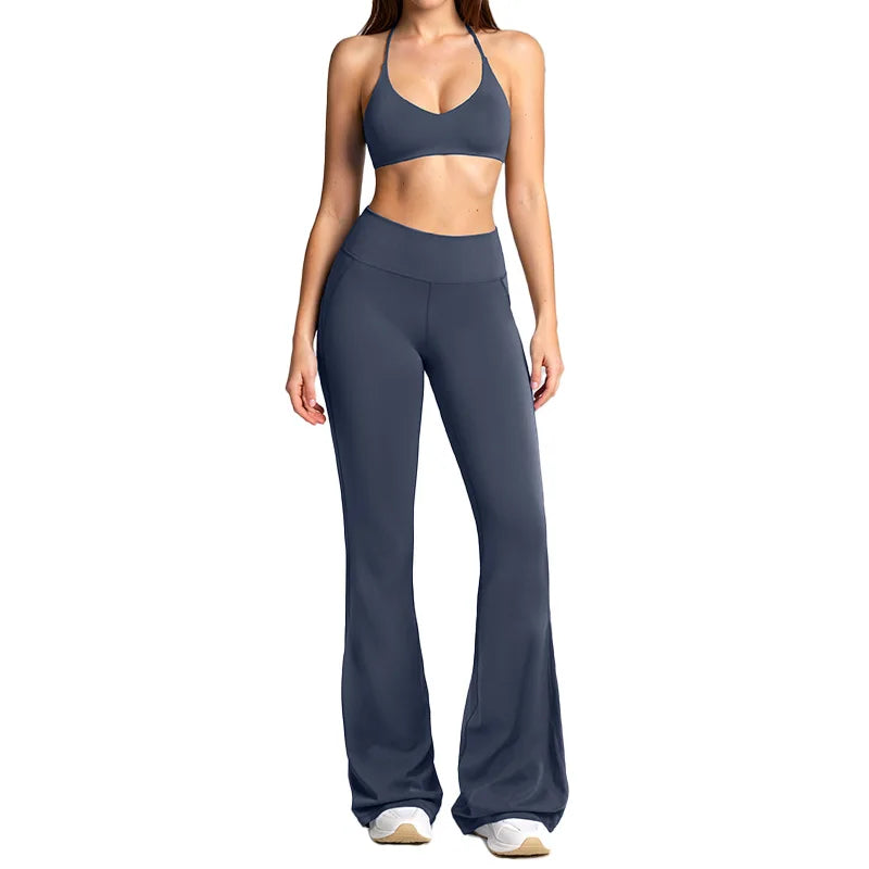 Women's Tracksuits 2PCS Flared Pants Yoga Set Gym Fitness Outfits Female Shockproof Sports Bra Yoga Workout Clothes Sports Sets