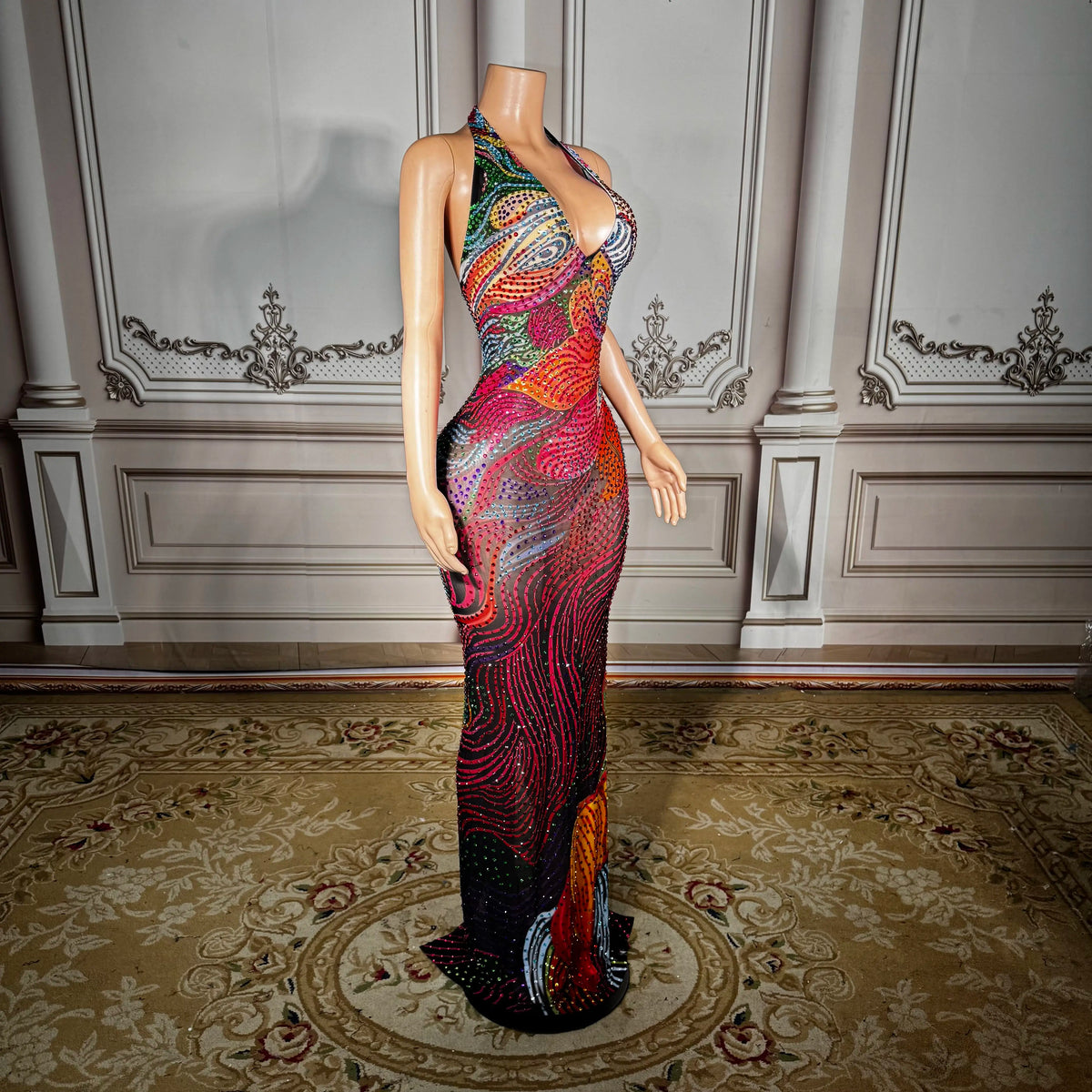 Floral Print Sexy Deep V-neck Halter Sleeveless Maxi Dress Stylish Dress Women's Backless Dress