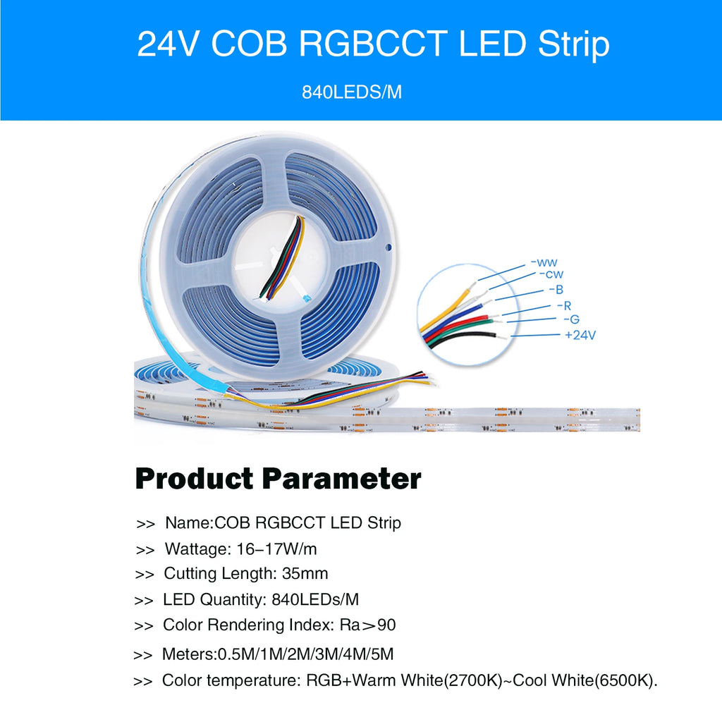 DC24V RGB CCT COB LED Strip Light 840LEDs/m High Bright Dotless 2M 3M 5M RGBCCT Flexible LED Ribbon Tape for Home Decor Lighting