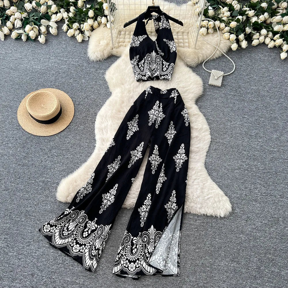 Women's Summer Two Pieces Bohemian Vacation Printed Halter Neck Sleeveless Top High Waist Wide Leg Pants Two-piece Set TP044
