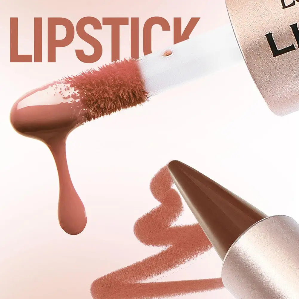 Waterproof Contour Non Stick Makeup Double-headed Matte Mirror Design Lip Glaze Nude Brown 2-in-1 Tapered Gradient Lip Liner Pen