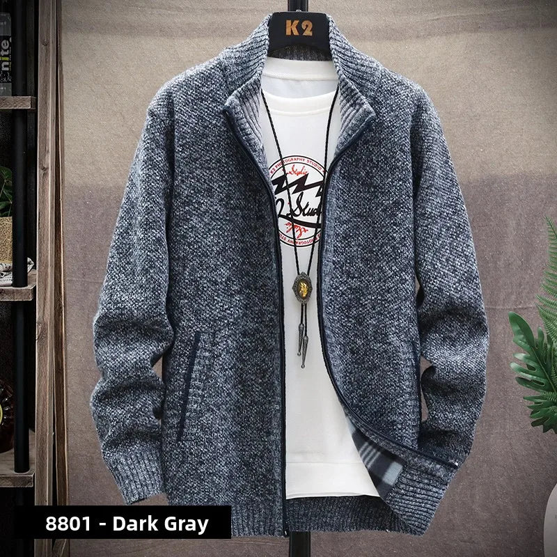 Men's Knitted Sweater Cardigan Thickened Fleece Hooded Casual Style Warm Outerwear Autumn Winter New Arrival Korean Version