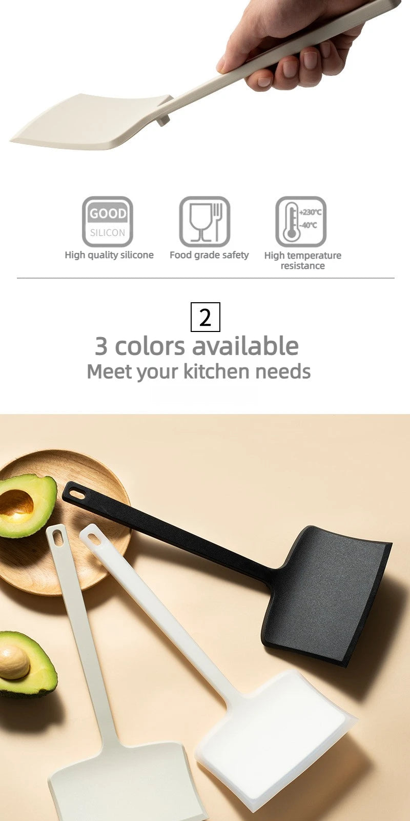 Food Grade Silicone Spatula Non-Stick Pan Safe Heat Resistant Wide Head Cooking Turner Scraper for Baking Frying Kitchen Utensil