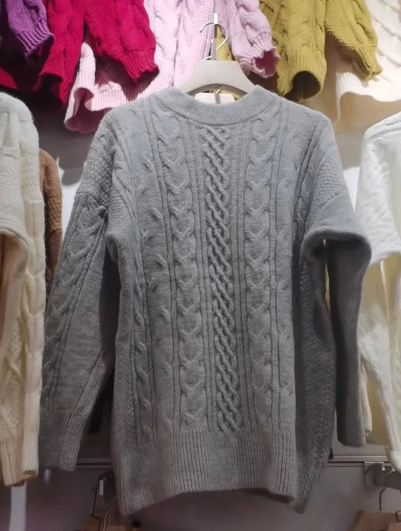 Autumn Winter Thicken Warm Pullover Sweater Women Vintage Loose Twist Knitted Jumper Woman All-Match O-Neck Long Sleeve Pullover