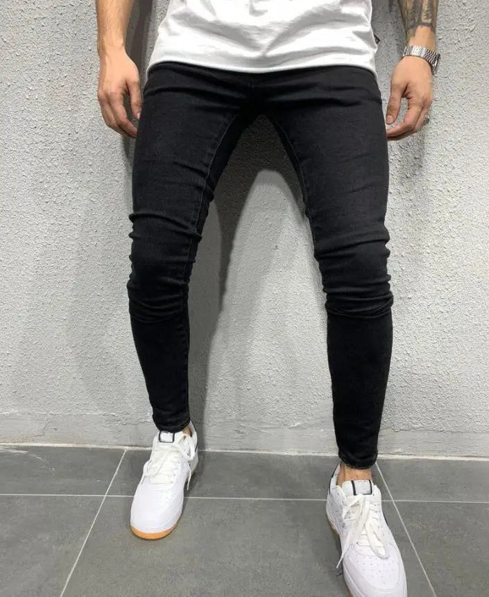 Men Jeans Knee Hole Ripped Stretch Skinny Denim Pants Solid Color Black Blue Autumn Summer Hip-Hop Style Slim Fit Trousers S-4XL