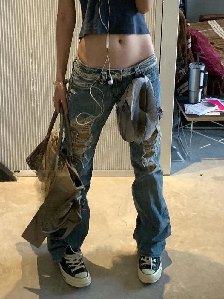 Women Streetwear Vintage Ripped Jeans 2026 Summer Hole Design 2000s Boyfriend Denim Pants American Retro Casual Trousers