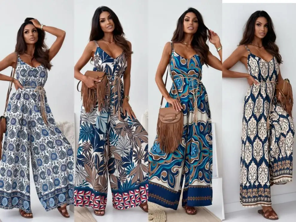 Elegan V-neck High Waist Jumpsuit Women's Fashion Pattern Print Loose Long Romper Causal Sleeveless Wide Leg Playsuit Women