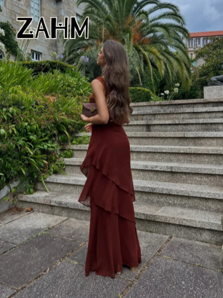 Elegant Patchwork Women's Dress Sleeveless Cascading Ruffle Skew-Collar Lady Long Dresses 2026 Summer Chic Female Vacation Robe