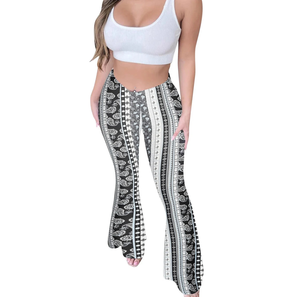 Bohemian Flare Pants for Women High Waisted Stretchy Bell Bottoms Y2K Hippie Style Trousers for Beach Vacation Leggings 2026