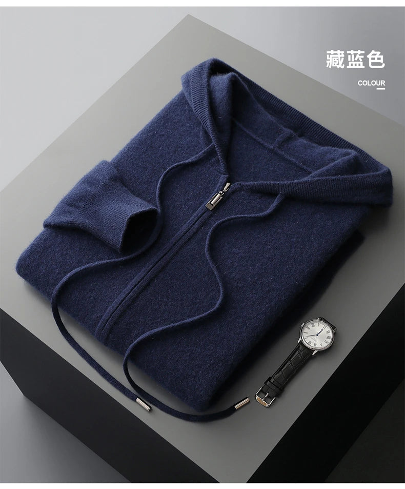 Hot Selling New Style Real Knitted Men's Cardigan Hooded Sweater Loose Full Sleeves Autumn and Winter Men's Pure Wool Sweater