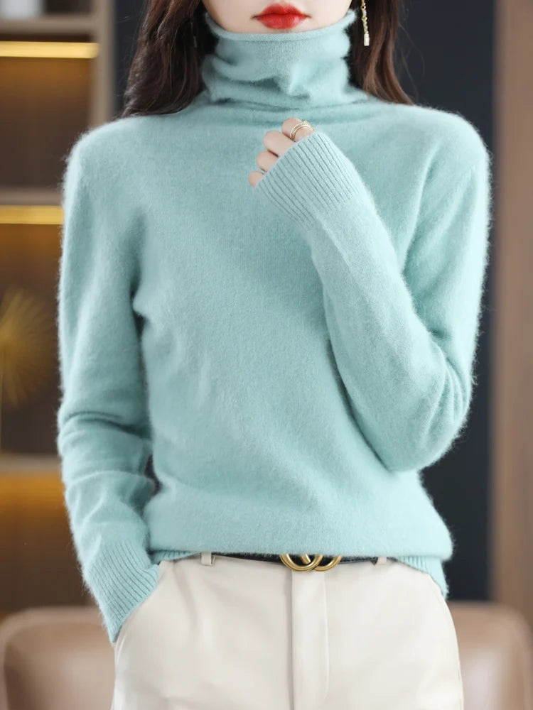 Women's Pile Collar 100% Mink Cashmere Sweater Winter High Collar Knitted Pullover Casual Short Thick Tops Loose Warm Base Shirt