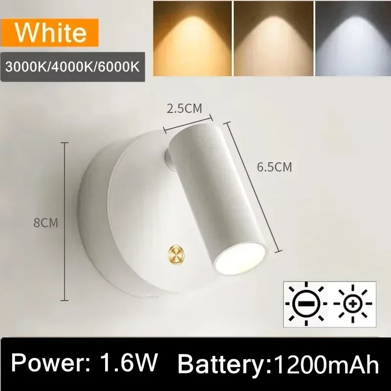 LED Bedroom Wall Light USB Rechargeable Black White Magnet Magnetic Base Dimmable With Touch Switch For Bedside Study Reading