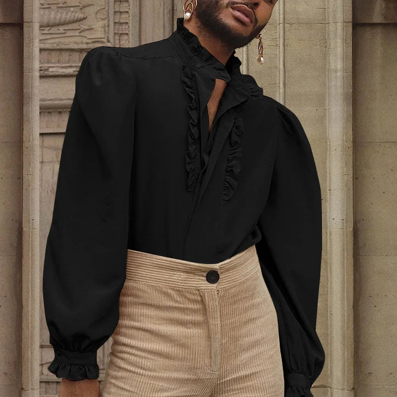 INCERUN 2024 Men Shirt Stand Collar Solid Color Ruffle Long Sleeve Casual Men Clothing Streetwear Elegant Fashion Camisas S-5XL