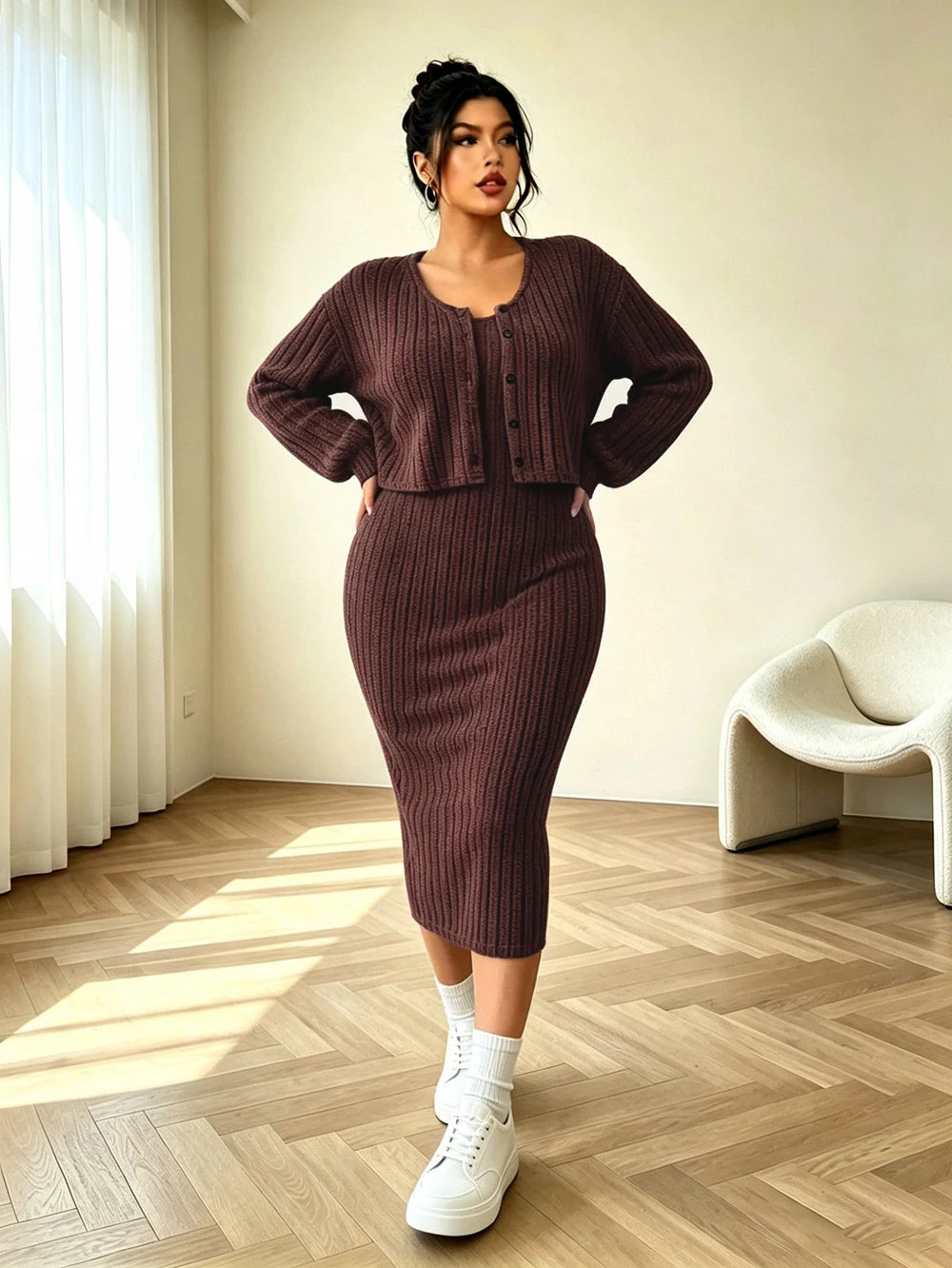 Plus-size women's new autumn ribbed knit drop-shoulder front-button jacket and fitted midi dress