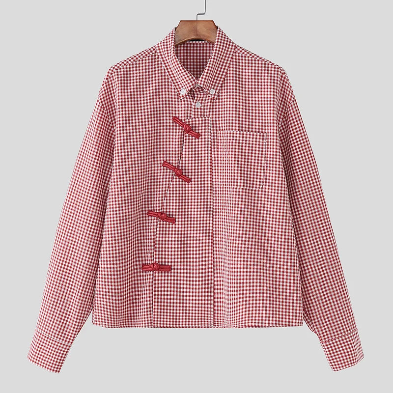 INCERUN Men Plaid Shirt Lapel Long Sleeve Patchwork Loose Men Clothing Streetwear 2026 Spring Fashion Casual Tops Male Shirts