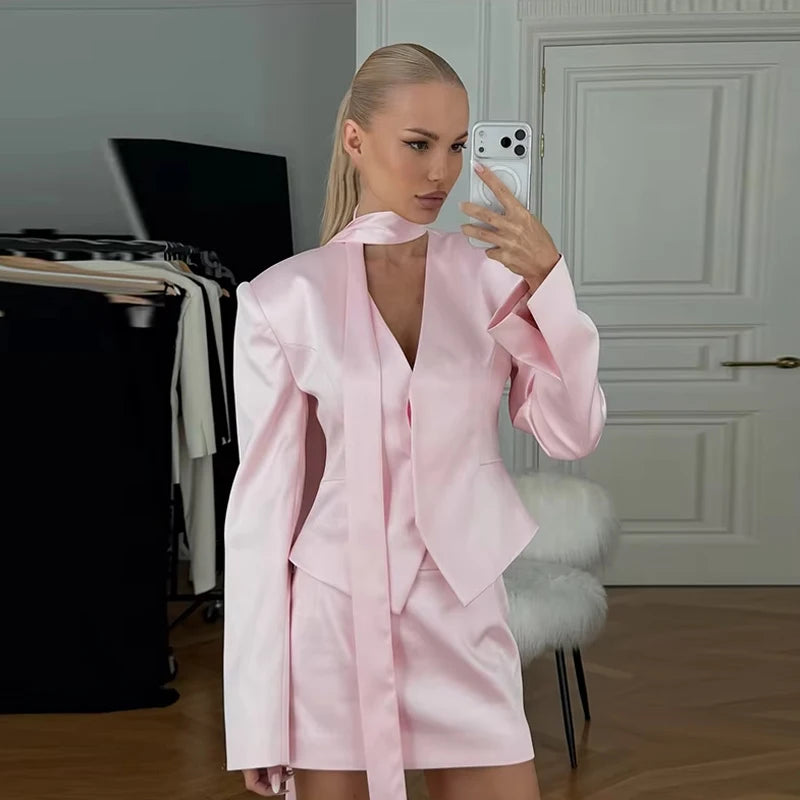 Solid Lapel Shirts 2 Piece Sets Women Chic Lapel Hollow Out Blazer Wrap Hip Slim Fit Mini Skirts Suits 2026 Lady Daily Wear New
