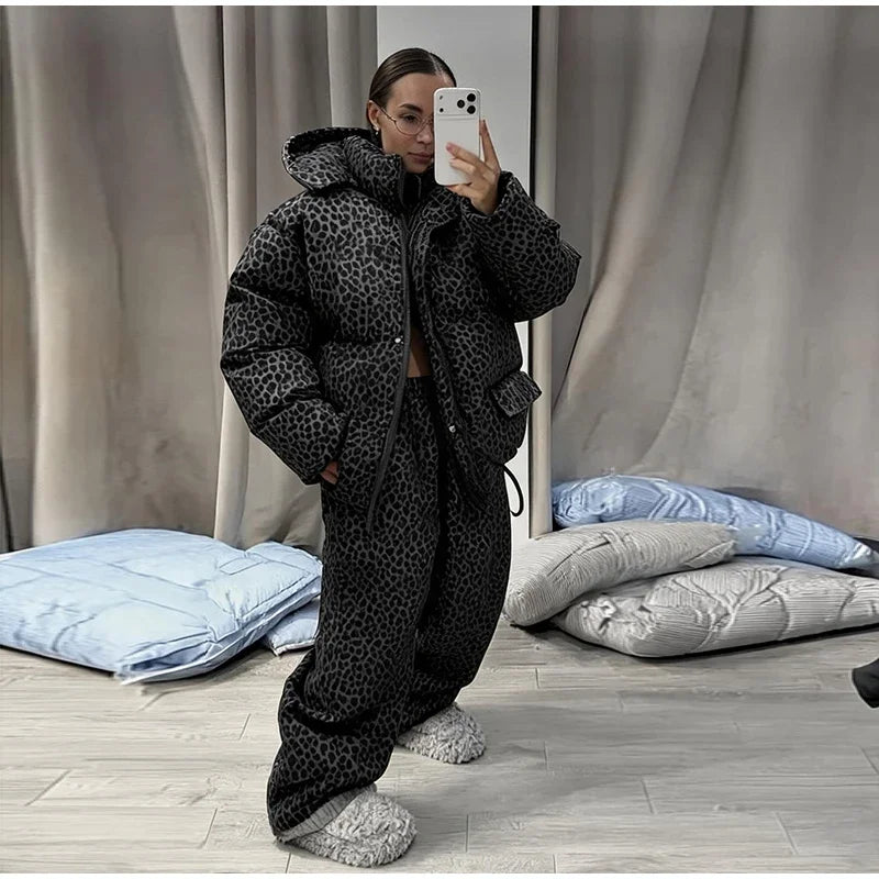 Women Winter Two‑Piece  Leopard Print Hooded Puffer Jacket Outfit Loose Cuffed Jogger Pants Warm Casual Streetwear Matching Set