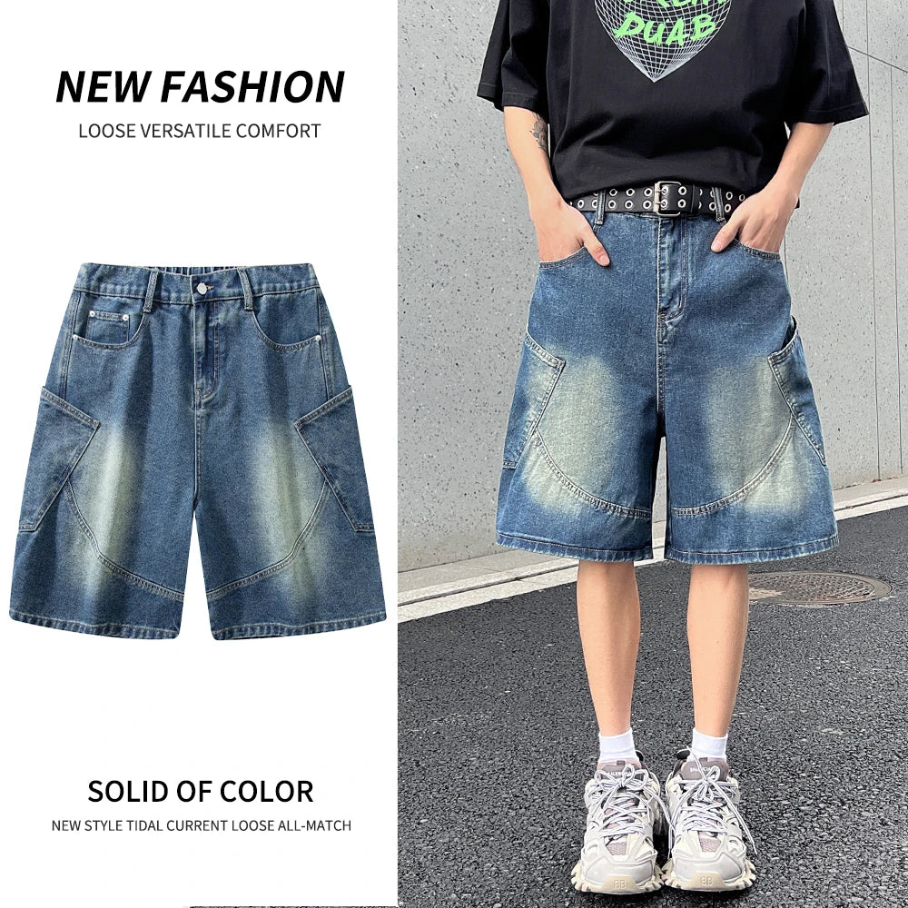2026 Summer New Baggy Denim Shorts Fashion Casual Straight Harajuku Jeans Male Vintage Wash Drawstring Short Pants Streetwear