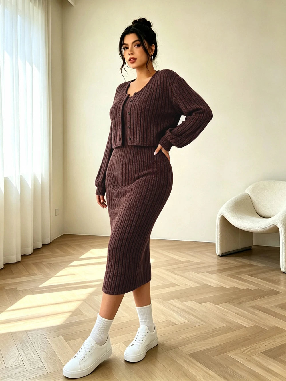 Plus-size women's new autumn ribbed knit drop-shoulder front-button jacket and fitted midi dress
