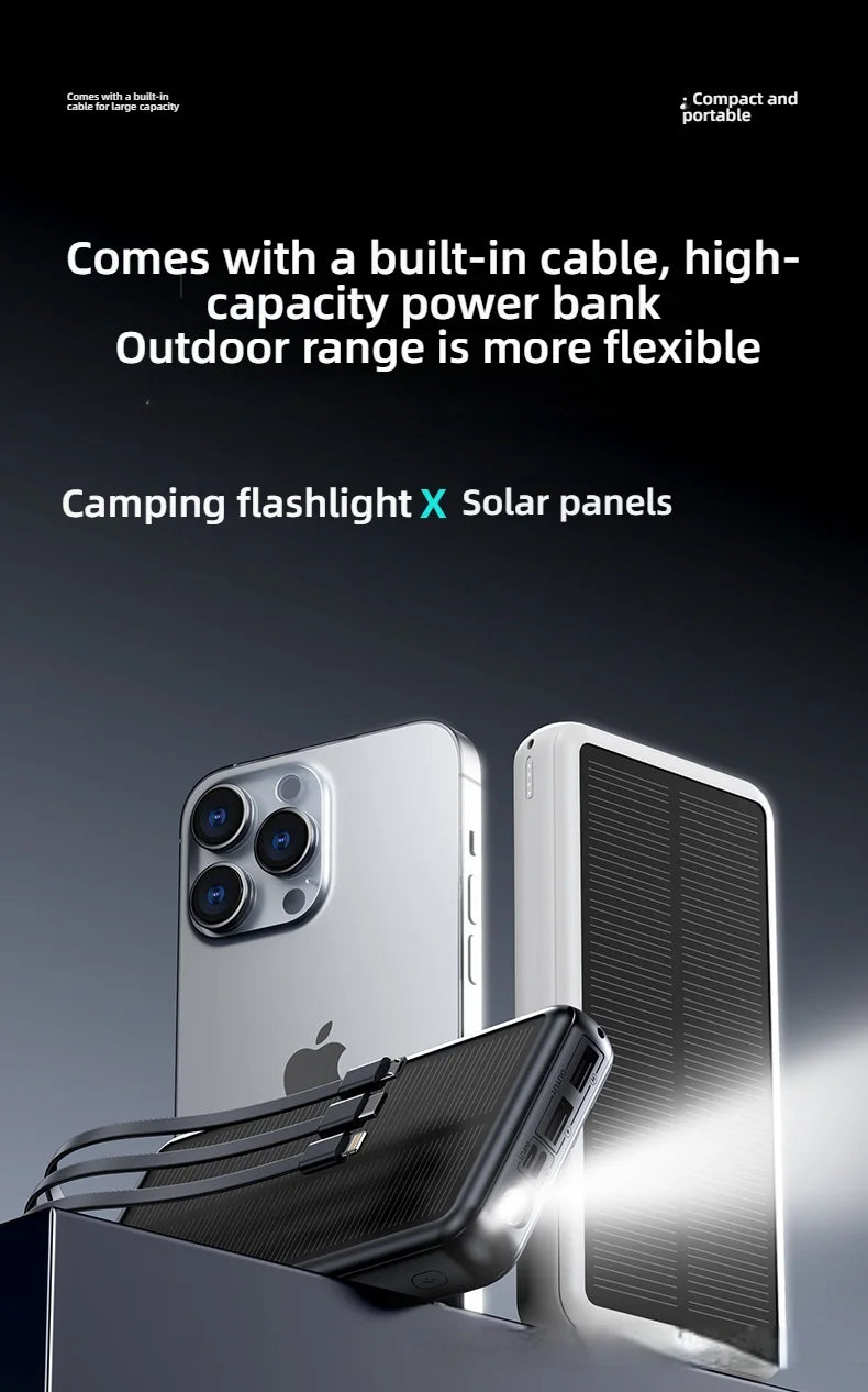30000mAh Solar Power Bank Super Fast Charging Compact Portable Built-in 4 Cable High Capacity External Battery with Led Light