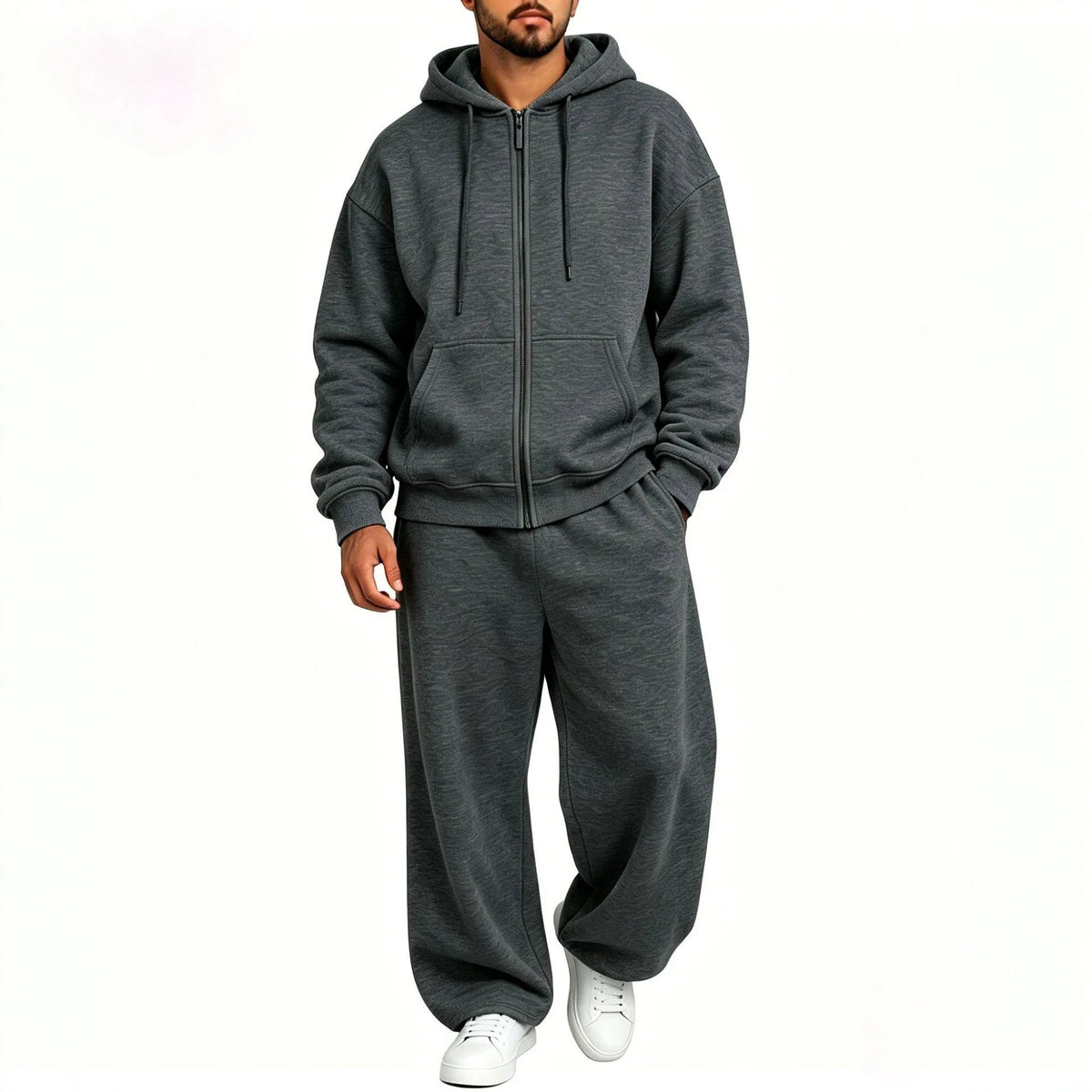 Women's Autumn Winter Fleece-lined Warm Tracksuits Zip-up Hooded Sweatshirt And Drawstring Pants Two Piece Set