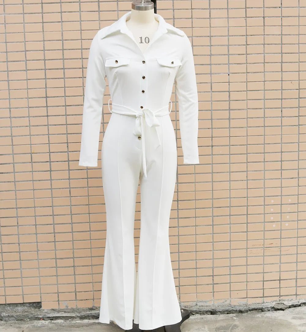 For Woman Jumpsuit High Waist Flare Leg Button Front Jumpsuits Solid Color Deep V Neck Romper Shirt Collar Long Jumpsuit