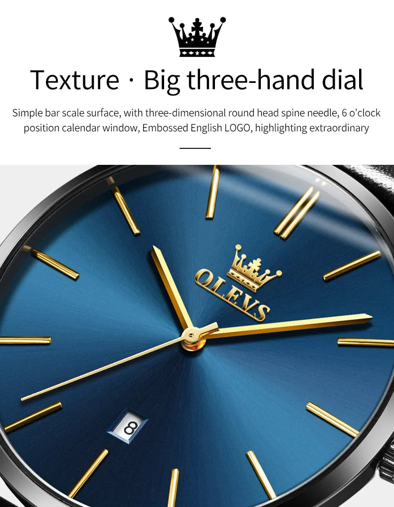 Top Brand OLEVS Ultra Thin 6.5mm Minimalist Fashion Quartz Watch for Men Leather Strap Auto Date Male Waterproof Mens Wristwatch