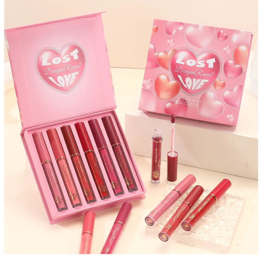 Set of Six Lip Glazes, Matte and Fine Texture, Easy to Apply, Non-Stick, Waterproof and Sweat-Proof, Versatile for Daily Use, Lip Gloss and Lipstick Set