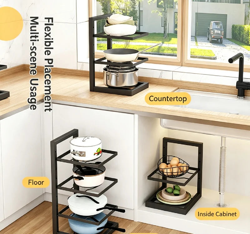 Adjustable Pot Rack Organizer, Kitchen Carbon Steel Pot Storage Rack, Multi-Layer Household Pot and Pan Organizer for Cabinet Un