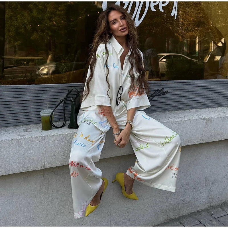 Vacation Geometric Printed Loose Pants Sets Women Lapel Full Sleeve Pocket Shirts Wide Leg Pant Suits 2026 Summer Street Outfit