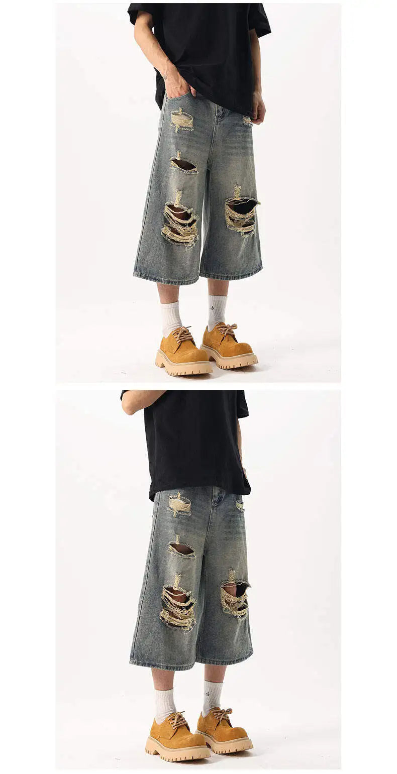 Men's Distressed Loose Fit Straight Leg Denim Capri Pants Casual Summer Jeans Ripped Details Trendy Casual Wear