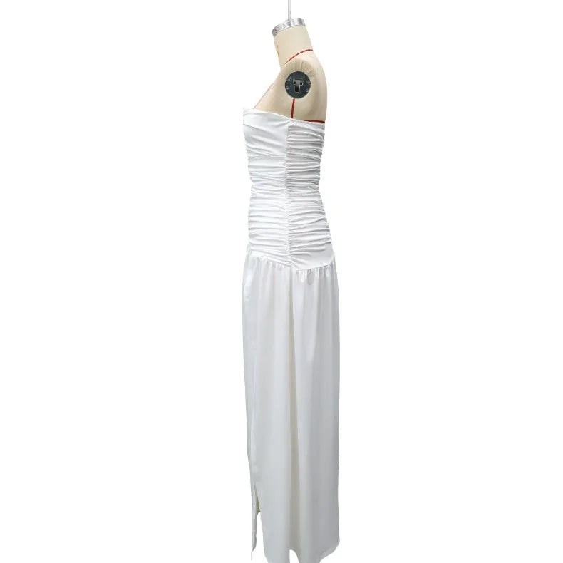 Solid Color Sexy Strapless High Slit Pleated Slim Fit Dress for Birthday Party Dinner Party Graduation Party Dress
