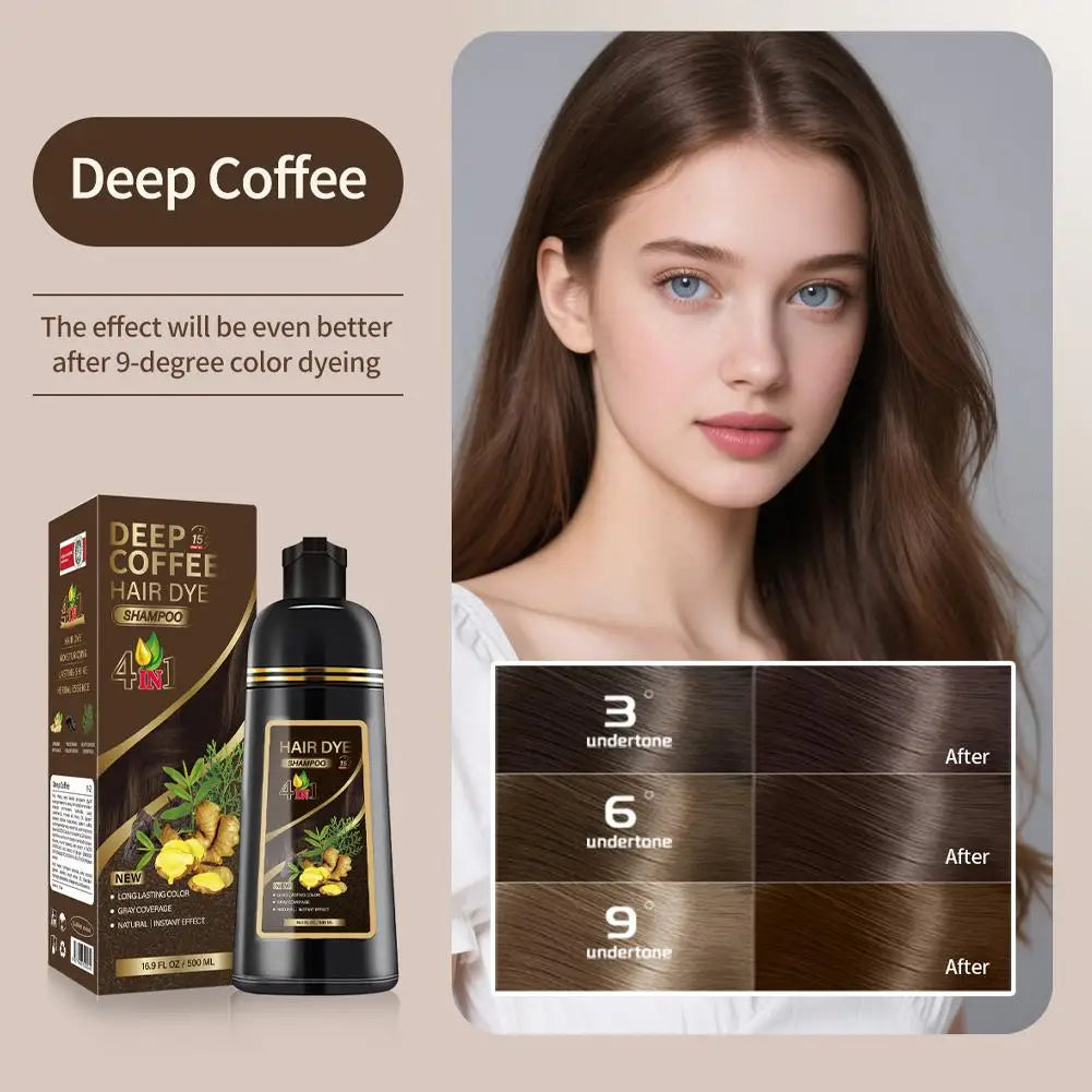 Black Brown Hair Dye Shampoo 500ml,4-in-1 Color Shampoo for Gray Coverage, Long-Lasting Natural Hair Coloring for Women Men