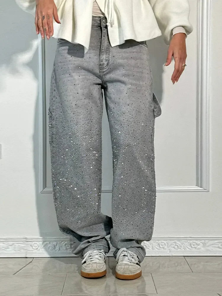 Shiny Rhinestone Baggy Women's Wide Leg Jeans Full Diamond Wide Leg Dragging Denim Pants Vintage Washed Pants Casual Trousers