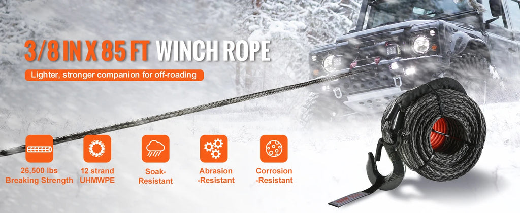 SucceBuy 26500/32000Lbs Synthetic Winch Rope Truck Boat Replacement Line Cable Rope with Forged Hook ATV Car Outdoor Accessories