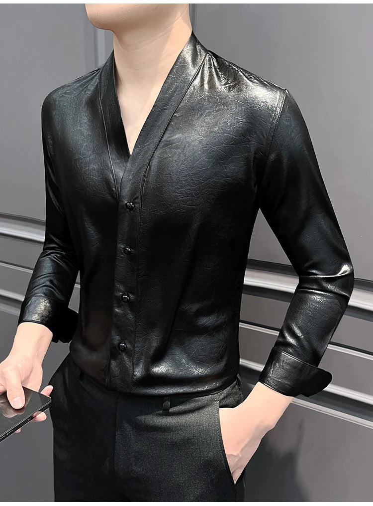 High-End Casual Shirts Men 2025 Spring British Style Slim Fit V-neck Shirt Long Sleeve Business Social Wear Men Clothing