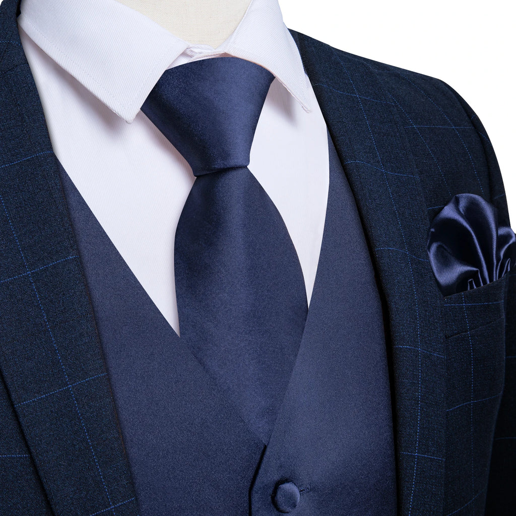 Satin Men's Solid Blue Suit Vest with Tie Handkerchief Cufflinks Business Formal Waistcoat Wedding Prom Men Sleeveless Jacket